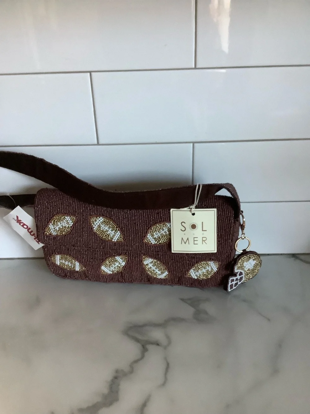 Sol & Mer Brown Beaded Shoulder Bag with Heart Charm